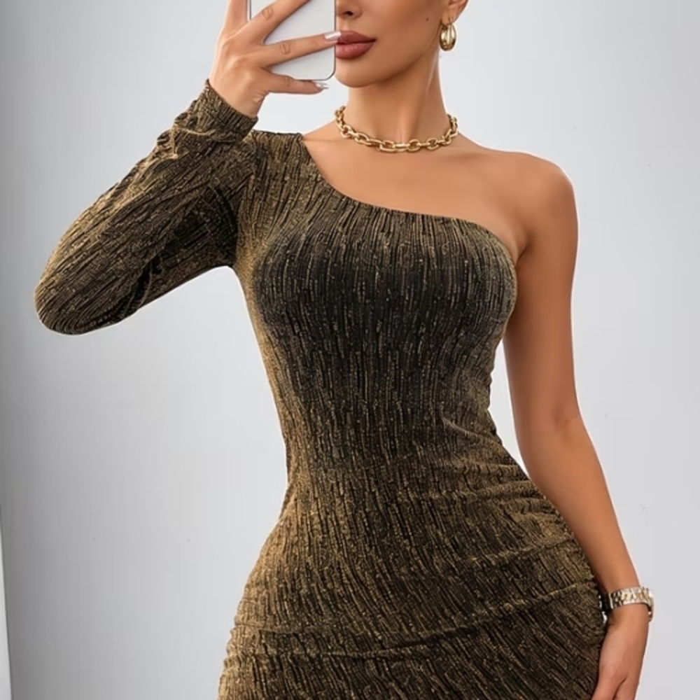 One-Shoulder Metallic Brown Evening Dress